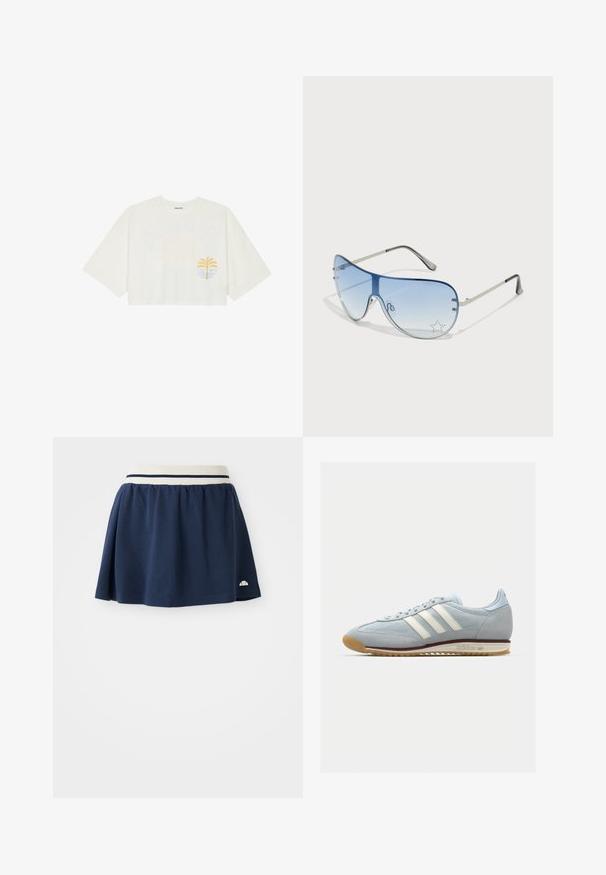 Zastrihnuté biele tričko z bavlny s krátkymi rukávmi, s grafikou žltej palmy a modrej vlny na ľavej hrudi.; Námornícky modrá sukňa vyrobená z mäkkého materiálu s bielym elastickým pásom, ktorý má dva námornícke pruhy a malé logo na spodnom leme.; Svetlomodré semišové tenisky s bielymi tromi pruhmi, gumovou podrážkou a textúrovanou sieťovinou. Majú hladký špic a branding na päte.; Pilotné slnečné okuliare s prechodovým modrým sklom, strieborným kovovým rámom a ozdobnými hviezdičkovými akcentmi na sklách. Hladký a elegantný dizajn.