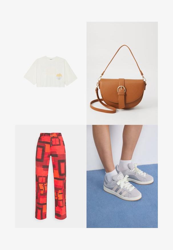 T-shirt branca cropped em algodão com mangas curtas, apresentando uma graphic de palmeira amarela e onda azul no lado esquerdo do peito.; Calças de ganga vermelhas com um padrão geométrico de quadrados em laranja e preto. Design de cintura alta com fecho de cinco botões e pernas retas.; Sapatilhas cinzas em camurça com atacadores brancos e sola de borracha, apresentando três riscas diagonais de um lado e um emblema na língua.; Bolsa transversal de couro castanho com um formato curvado, ferragens douradas e um detalhe de fivela. Inclui uma alça de ombro destacável.