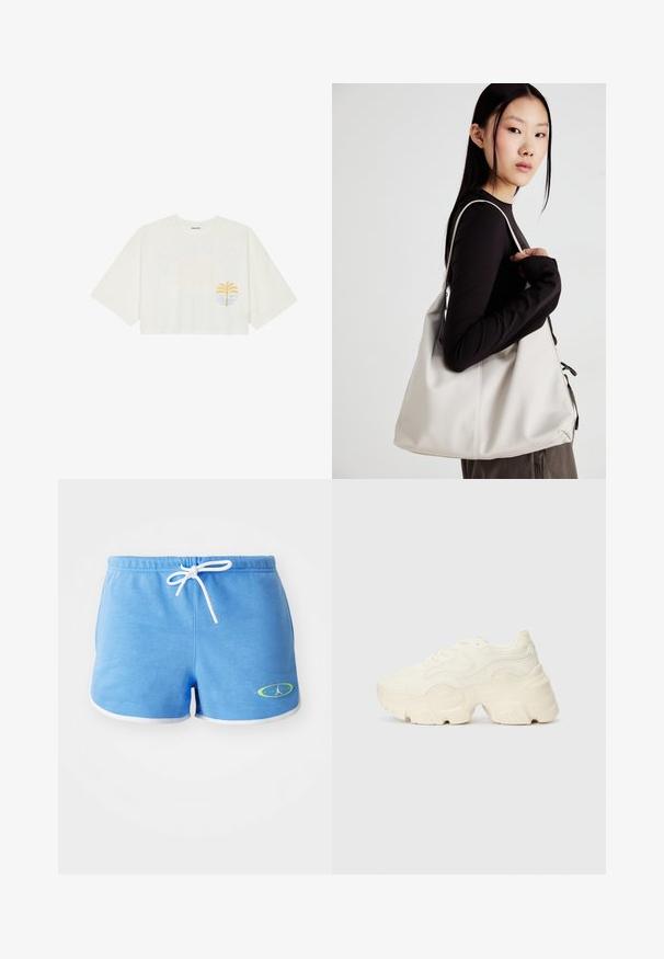 Korte, witte katoenen t-shirt in cropped stijl met korte mouwen, met grafische afbeelding van een gele palmboom en blauwe golf op de linkerborst.; Lichtblauwe katoenen shorts met een witte trekkoord, voorzien van witte afwerking en een groen accent logo aan de linkerbenedenkant.; Chunky witte sneakers gemaakt van geperforeerd mesh en synthetische materialen, met een dikke zool en ingewikkelde patroon details aan de zijkanten.; Beige handtas gemaakt van zacht materiaal, met een slonzig ontwerp, gestikte details en twee schouderbanden. Geschikt voor dagelijks gebruik.