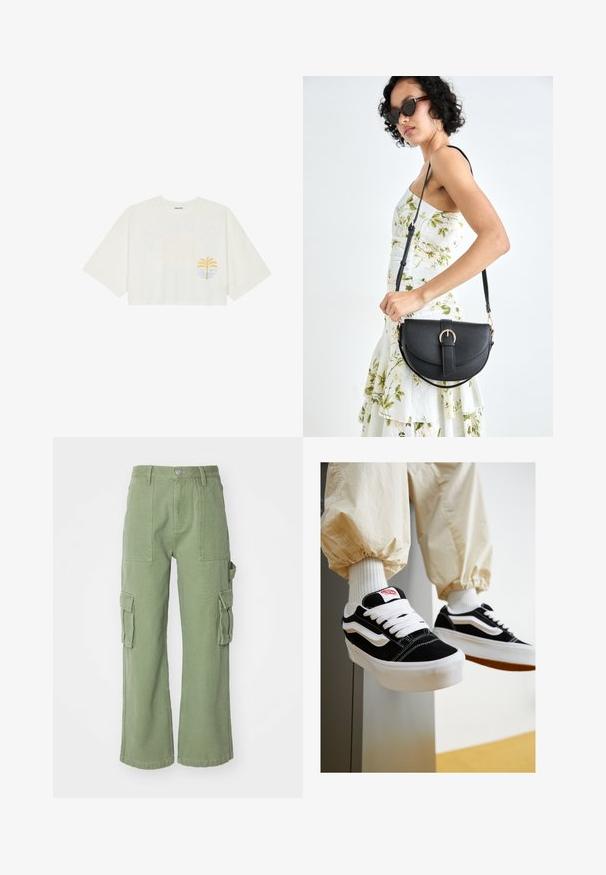 Cropped white t-shirt in cotton with short sleeves, featuring yellow palm tree and blue wave graphic on the left chest.; Green cotton cargo pants with a wide-leg design, featuring two large side pockets and a button closure at the waist. Textured fabric.; Black and white suede sneakers with flat white laces, textured rubber soles, and side stripe design. Worn with cream-colored tapered pants.; Black leather handbag with a curved shape, detachable strap, and gold hardware. The bag features a flap with a buckle detail.