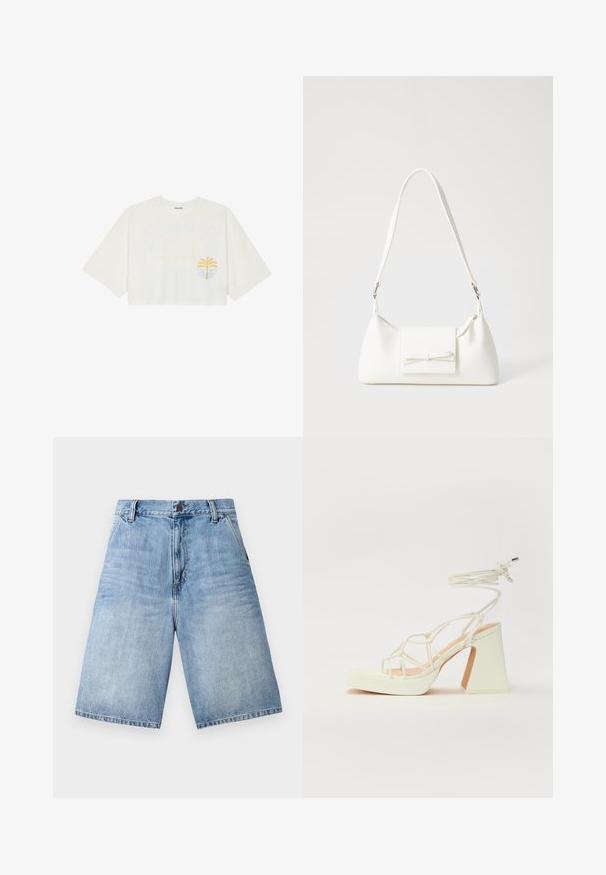 Balta trumpa medvilninė marškinėliai su trumpomis rankovėmis, su geltona delno medžio ir mėlynos bangos grafika kairėje krūtinės pusėje.; Šviesiai mėlynos džinsinės šortai su laisvu pritaikymu, penkių kišenių dizainu ir sagos uždarymu juosmens srityje. Paskelbtas kraštas ant kojų.; Balti aukštakulniai sandalai su masyviu kulnu, su dirželių dizainu ir kulkšnies raiščiu. Lygi tekstūra su platforma priekyje, suteikianti papildomą aukštį.; Balta sintetinė rankinė trikampio formos, plokščiu priekiu su užsegimu, kaspino detale, reguliuojama dirželiu, lygia tekstūra ir minimalistišku dizainu.