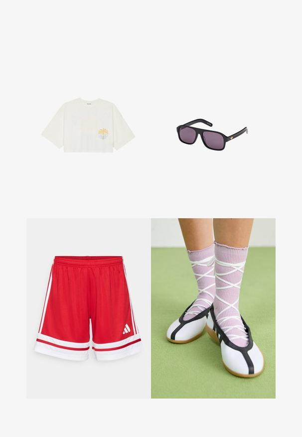 Camiseta blanca corta de algodón con mangas cortas, con un gráfico de palmera amarilla y ola azul en el lado izquierdo del pecho.; Pantalones cortos deportivos rojos con una cinturilla elástica, rayas laterales blancas y detalles blancos en el dobladillo. Presenta el logo de Adidas en blanco.; Zapatos planos blancos con ribetes y suela negra, combinados con calcetines acanalados de color púrpura claro que presentan tiras blancas entrelazadas. Ambientado sobre un fondo verde.; Gafas de sol negras con montura cuadrada, lentes oscuros y un acento de logo dorado en la varilla. Material plástico suave con acabado mate.