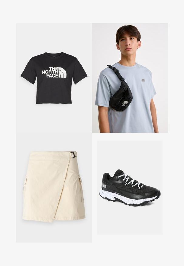 Must must kleidend t-särk, millel on valge logo ja kõverad aktsendid, esiküljel tekst "THE NORTH FACE". Lühikesed varrukad, ümar kaelus.; Beige mähkiv seelik, mis on valmistatud kergest kangast, külje kinnitusega, kahe taskuga ja puhta äärisega.; Must must sneaker, mille pehme ülemine osa ja tekstuuriga disain. Omab valgete täppidega vahekihti, paksu musta tallaga ja peegeldavaid paelu.; Must musta rihma kott, millel on reguleeritav rihm ja silmapaistev valge logo. Kandmine helesinise T-särgi peal. Lihtne ja funktsionaalne disain.