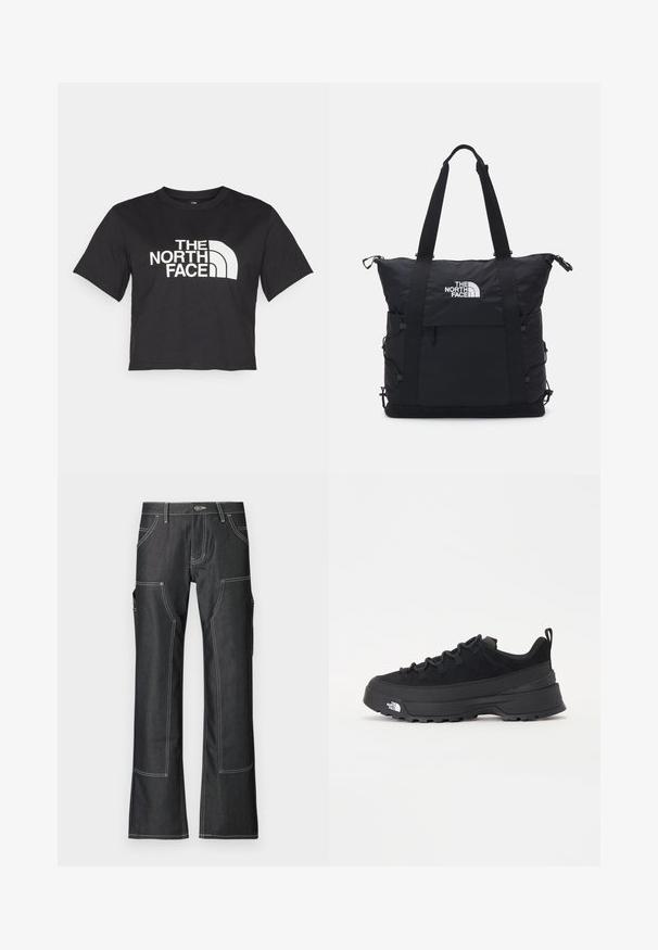 Zwarte cropped t-shirt gemaakt van katoen, met een wit logo met gebogen accenten en de tekst "THE NORTH FACE" op de voorkant. Korte mouwen, ronde hals.; Donkerdenim cargobroek met witte contrasterende stiksels, voorzien van meerdere zakken en een flared pijpdesign. Duurzaam materiaal en metalen knoopsluiting.; Zwarte outdoor sneaker met een suede bovenkant, een gestructureerde rubberen zool en een stevig vetersysteem. Heeft een versterkte hiel en een merklogo aan de zijkant.; Zwarte tote bag met een gewatteerd ontwerp, bovenste ritsluiting, dubbele korte handvatten en logo aan de voorkant; heeft zijzakken en verstelbare schouderbanden.
