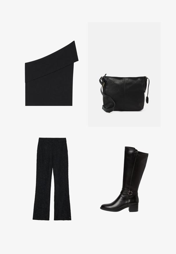 Top noir asymétrique en tissu doux, présentant une large bretelle unique et un design ajusté avec une taille à la hauteur de la taille.; Pantalons en dentelle noire avec un design évasé, ornés d'un motif floral sur tout le tissu. Texture douce avec une taille ajustée.; Botte en cuir noir montante avec un bout arrondi, une sangle décorative avec une boucle circulaire, et un petit talon carré. Texture lisse et brillante.; Sac bandoulière en cuir noir avec une forme plate, accents en métal doré et une sangle ajustable. Texture lisse avec des détails de couture minimaux.