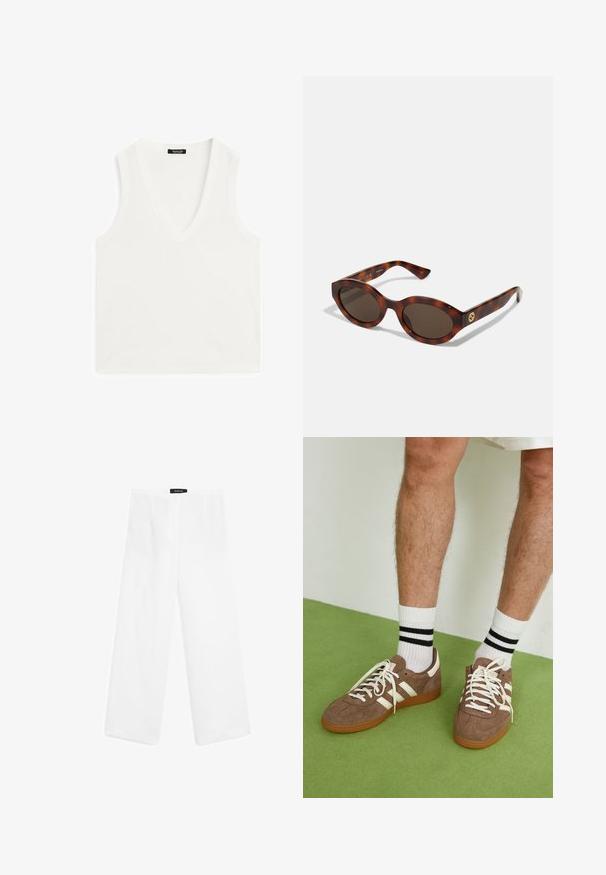Weißes ärmelloses Top mit tiefem V-Ausschnitt, aus einem weichen, glatten Stoff gefertigt. Gerade Saum und minimale Details.; Weiße Leinen-Hosen mit weitem Bein, die eine glatte Textur aufweisen. Sie haben einen mittelhohen Bund, zwei vordere Taschen und ein schlichtes Design.; Braune Wildleder-Sneaker mit weißen Akzenten und Schnürsenkeln. Gummisohle in Kautschuk-Optik. Getragen mit weißen Socken, die schwarze Streifen haben. Grüner strukturierter Fußboden.; Schildpatt-Sonnenbrillen mit runden Rahmen, dunklen Gläsern und goldfarbener Logodetailierung an den Schläfen. Glattes Kunststoffmaterial, keine sichtbaren Muster.