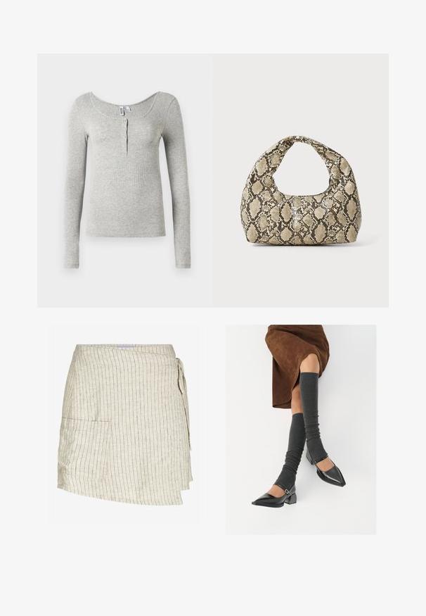 Šviesiai pilkas ripsuotas ilgomis rankovėmis marškinėliai su apvaliu iškirpimu ir keturiais mygtukais priekyje, pristatyti ant balto fono.; Bežinė apvyniota sijonas su vertikaliomis juostelėmis. Turi šoninę kišenę, tekstūruotą audinį ir reguliuojamą raištelį juosmens srityje.; Juodi lakuoti odiniai batai su aštriu kuma ir bloko kulnu, derinami su pilkais riebiais kojų šildytuvais ir rudais zomšiniais sijonais.; Gyvatės rašto rankinė su kreiviu rankenėle. Pagaminta iš tekstūruotų smėlio ir rudos spalvos medžiagų, su išskirtiniu rombo raštu.