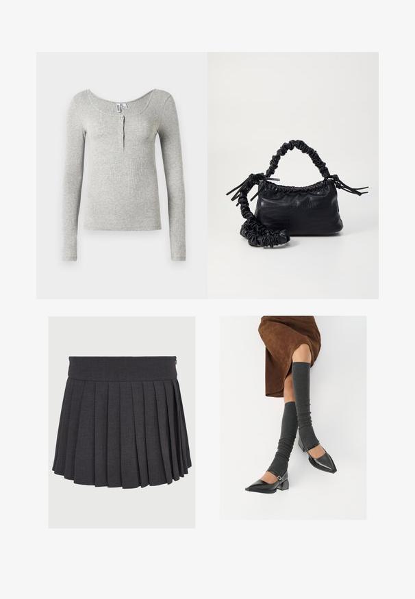Maglia a maniche lunghe grigia chiara a coste con scollo a barca e quattro bottoni sulla patta frontale, esposta su uno sfondo bianco.; Gonna grigia plissettata con vita piatta e chiusura con cerniera, realizzata in tessuto testurizzato, con pieghe profonde distribuite uniformemente.; Scarpe nere in pelle verniciata con punta affilata, tacco a blocco e cinturino alla caviglia, abbinate a scaldamuscoli grigi a coste e una gonna in suede marrone.; Borsa a tracolla in ecopelle nera con texture a coccodrillo, apertura cinchata e tracolla arricciata. Si presenta con un design morbido e compatto.