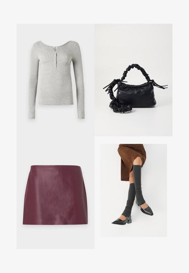 Maglia a maniche lunghe grigia chiara a coste con scollo a barca e quattro bottoni sulla patta frontale, esposta su uno sfondo bianco.; Gonna mini in morbido vero cuoio bordeaux con taglio dritto e senza decorazioni o chiusure visibili.; Scarpe nere in pelle verniciata con punta affilata, tacco a blocco e cinturino alla caviglia, abbinate a scaldamuscoli grigi a coste e una gonna in suede marrone.; Borsa a tracolla in ecopelle nera con texture a coccodrillo, apertura cinchata e tracolla arricciata. Si presenta con un design morbido e compatto.