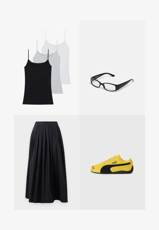 Tre canotte senza maniche: una nera, una grigia e una bianca. Realizzate in un tessuto morbido ed elastico con spalline sottili regolabili.; Gonna nera al ginocchio realizzata in tessuto leggero con una ampia cintura arricciata e un design plissettato, che offre una silhouette ampia.; Sneaker giallo in suede con accenti in suede neri. Presenta una suola testurizzata, design con lacci e logo Puma sul lato e sulla lingua.; Occhiali rettangolari neri con lenti trasparenti. Finitura lucida, bracci sottili e una sfumatura viola visibile ai bordi delle lenti.