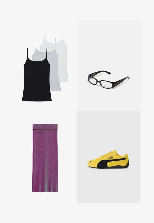 Drei ärmellose Tops: eines in Schwarz, eines in Grau und eines in Weiß. Aus weichem, stretchy Stoff mit verstellbaren Spaghettiträgern.; Knielanger, plissierter Rock in verschiedenen Farbtönen von Lila und Blau. Hat einen einfarbigen Bund und ein vertikales Streifenmuster.; Gelbe Wildledersneaker mit schwarzen Wildlederelementen. Verfügt über eine strukturierte Sohle, ein Schnürdesign und das Puma-Logo an der Seite und auf der Zunge.; Schwarze rechteckige Brille mit klaren Gläsern. Glänzende Oberfläche, schmale Bügel und lila Tönung an den Rändern der Gläser sichtbar.; Dunkelblaue Denim-Tasche mit runder Form, mehreren äußeren Taschen, verstellbarem Tragegurt und silberfarbenen Hardware-Akzenten. Mit Traggriff versehen.; Silberne Kettenach aus einer zarten Kette mit einem polierten Kreuzanhänger. Die Kette ist filigran und das Kreuz hat ein elegantes, minimalistisches Design.