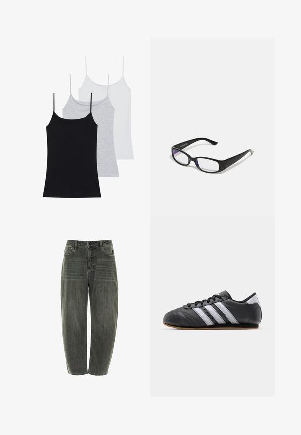 Tričko bez rukávov: jedno čierne, jedno šedé a jedno biele. Vyrobené z mäkkého, elastického materiálu s nastaviteľnými ramienkami.; Tmavo šedé džíny z denimu s voľným strihom, obsahujúce päť vreciek, zapínanie na gombík a jemné vyblednutie na prednej a zadnej časti.; Čierne kožené športové topánky s bielymi pruhmi, okrúly špička, plochá podrážka a šnurovanie. Obsahujú perforácie pre lepšiu priedušnosť.; Čierne obdĺžnikové okuliare s priehľadnými šošovkami. Lesklý povrch, úzke ramená a fialový nádych viditeľný na okrajoch šošoviek.