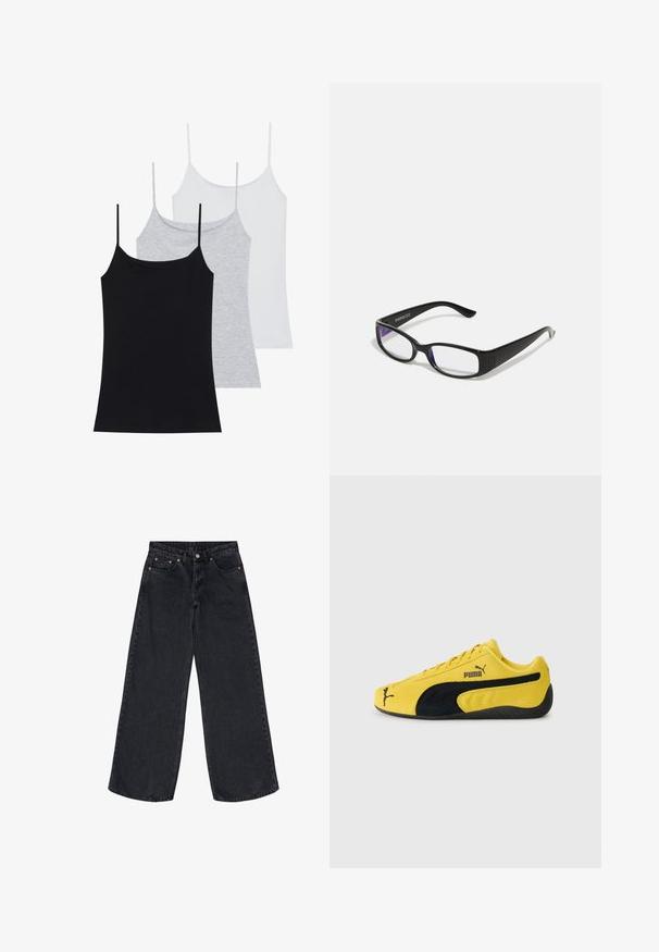 Tre ärmlösa linnen: ett svart, ett grått och ett vitt. Tillverkade av mjukt, elastiskt tyg med justerbara spaghettiband.; Breda svarta jeans i denim med hög midja, kopparnitar och en ren avslutning vid fållen, som ger en avslappnad silhuett.; Gul mockaskor med svarta mockadetaljer. Har en texturerad sula, snörning och Puma-logotyp på sidan och tungan.; Svart rektangulära glasögon med klara glas. Glossy yta, smala bågar och lila nyans synlig vid kanterna av glasen.; Mörkblå denimväska med rundad form, flera externa fickor, justerbar axelrem och silverfärgade detaljer. Handtag överst ingår.; Silverfärgad kedja med ett polerat korspendel. Kedjan är fin och korset har en stilren, minimalistisk design.