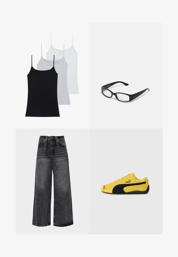 Tre canotte senza maniche: una nera, una grigia e una bianca. Realizzate in un tessuto morbido ed elastico con spalline sottili regolabili.; Pantaloni in denim neri a gamba larga con vita alta, dotati di pieghe, tasche laterali e leggera sfumatura per texture. Chiusura con bottone in metallo.; Sneaker giallo in suede con accenti in suede neri. Presenta una suola testurizzata, design con lacci e logo Puma sul lato e sulla lingua.; Occhiali rettangolari neri con lenti trasparenti. Finitura lucida, bracci sottili e una sfumatura viola visibile ai bordi delle lenti.; Borsa in denim blu scuro dalla forma arrotondata, con molteplici tasche esterne, tracolla regolabile e dettagli in metallo argentato. Include una maniglia superiore.; Collana in argento con pendente a croce lucido. La catena è delicata e la croce ha un design elegante e minimalista.