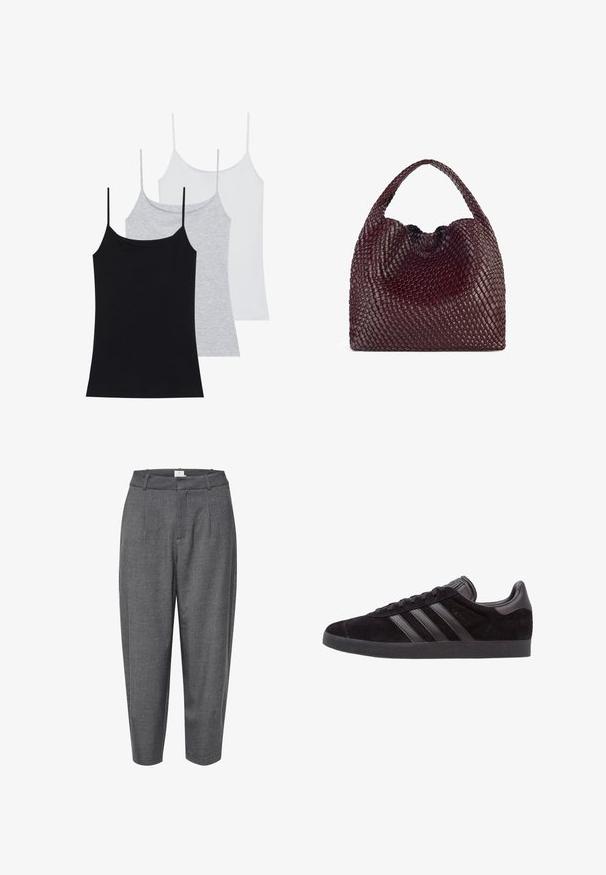Tre ärmlösa linnen: ett svart, ett grått och ett vitt. Tillverkade av mjukt, elastiskt tyg med justerbara spaghettiband.; Grå, avsmalnande byxor tillverkade av strukturerad väv; har veck och ett slätt midjeband med dold knäppning.; Svarta mockaskor med strukturerade gummisulor, försedda med tre svarta läderremmar, rundad tå och vadderad ankelsupport.; Vävd burgunderfärgad handväska med rund form och ett enda handtag, med en strukturerad yta och ett elastiskt dragsnöre som stängning.