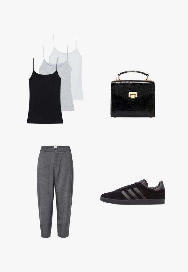 Drei ärmellose Tops: eines in Schwarz, eines in Grau und eines in Weiß. Aus weichem, stretchy Stoff mit verstellbaren Spaghettiträgern.; Graue, schmal zulaufende Hosen aus strukturiertem Stoff; mit Falten und einem glatten Bund mit verdecktem Verschluss.; Schwarze Wildledersneaker mit strukturierten Gummisohlen, drei schwarzen Lederstreifen, abgerundeter Zehenpartie und gepolstertem Knöchelkragen.; Schwarze Handtasche aus Kunstleder im Krokodil-Look mit strukturiertem Design, goldfarbenen Akzenten, einem oberen Tragegriff und einem magnetischen Klappverschluss.