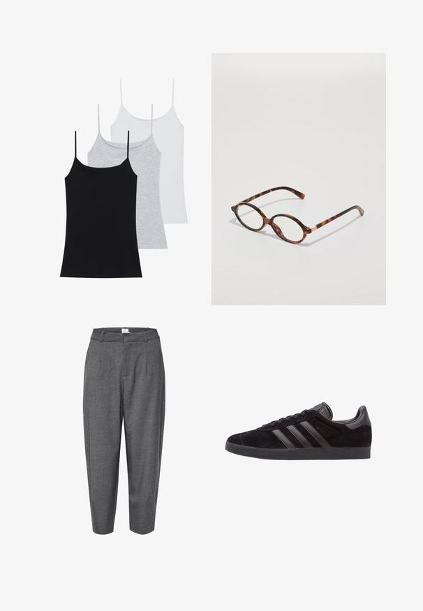 Tres camisetas sin mangas: una negra, una gris y una blanca. Hechas de una tela suave y elástica con tirantes finos ajustables.; Pantalones grises, ajustados y de tela texturizada; cuentan con pliegues y una cinturilla lisa con un cierre oculto.; Zapatillas de ante negro con suelas de goma texturizada, que presentan tres franjas de cuero negro, puntera redondeada y cuello acolchado en el tobillo.; Gafas de tortuga con montura ovalada, lentes claros y detalles en dorado. Presentan patillas curvadas y un acabado suave y brillante.