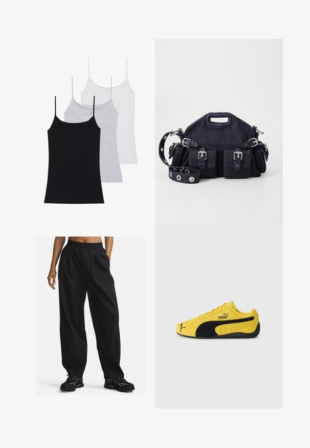 Drie mouwloze cami's: één zwart, één grijs en één wit. Gemaakt van zachte, rekbare stof met verstelbare spaghettibandjes.; Zwarte, ruime broek van lichtgewicht stof met een elastische tailleband, voorzien van zijzakken en een gladde textuur.; Geel suède sneaker met zwarte suède accenten. Voorzien van een gestructureerde zool, vetersluiting en het Puma-logo aan de zijkant en op de tong.; Donkerblauwe denim tas met een ronde vorm, meerdere buitenzakken, een verstelbare schouderriem en accenten van zilverkleurig hardware. Inclusief bovenhandvat.; Zilveren ketting met een gepolijste kruis hanger. De ketting is delicaat, en het kruis heeft een slank, minimalistischer ontwerp.