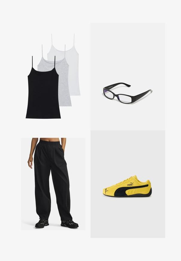 Drei ärmellose Tops: eines in Schwarz, eines in Grau und eines in Weiß. Aus weichem, stretchy Stoff mit verstellbaren Spaghettiträgern.; Schwarze, lässige Hose aus leichtem Stoff mit elastischem Bund, ausgestattet mit seitlichen Taschen und einer glatten Textur.; Gelbe Wildledersneaker mit schwarzen Wildlederelementen. Verfügt über eine strukturierte Sohle, ein Schnürdesign und das Puma-Logo an der Seite und auf der Zunge.; Schwarze rechteckige Brille mit klaren Gläsern. Glänzende Oberfläche, schmale Bügel und lila Tönung an den Rändern der Gläser sichtbar.; Dunkelblaue Denim-Tasche mit runder Form, mehreren äußeren Taschen, verstellbarem Tragegurt und silberfarbenen Hardware-Akzenten. Mit Traggriff versehen.; Silberne Kettenach aus einer zarten Kette mit einem polierten Kreuzanhänger. Die Kette ist filigran und das Kreuz hat ein elegantes, minimalistisches Design.