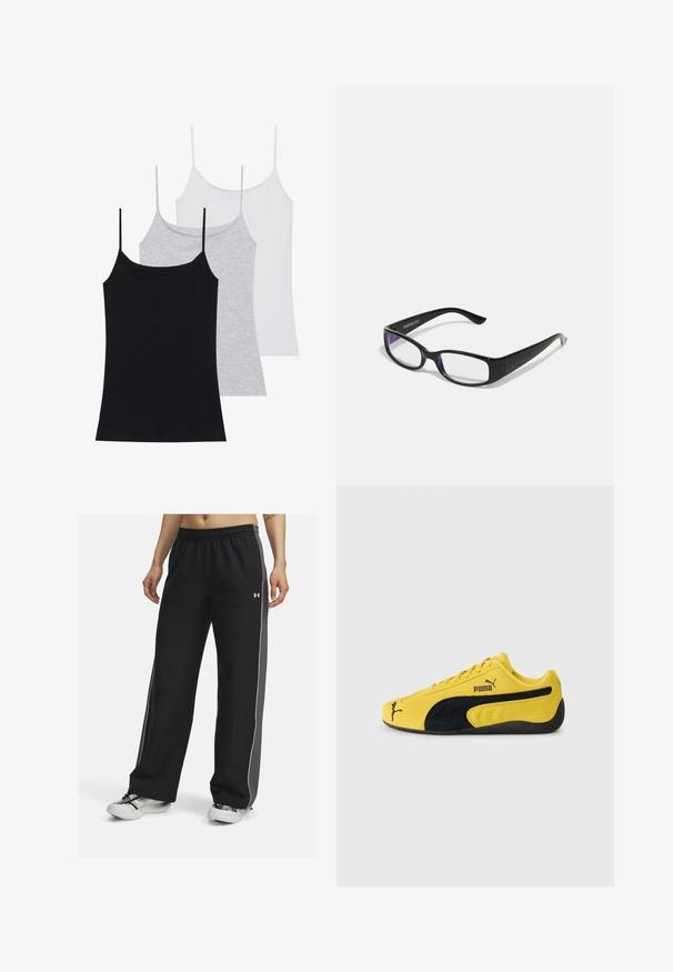 Tre ärmlösa linnen: ett svart, ett grått och ett vitt. Tillverkade av mjukt, elastiskt tyg med justerbara spaghettiband.; Svarta träningsbyxor med elastisk midja, kontrasterande grå sidopaneler, vit kantning och en lös passform, tillverkade av ett smidigt tyg.; Gul mockaskor med svarta mockadetaljer. Har en texturerad sula, snörning och Puma-logotyp på sidan och tungan.; Svart rektangulära glasögon med klara glas. Glossy yta, smala bågar och lila nyans synlig vid kanterna av glasen.; Mörkblå denimväska med rundad form, flera externa fickor, justerbar axelrem och silverfärgade detaljer. Handtag överst ingår.; Silverfärgad kedja med ett polerat korspendel. Kedjan är fin och korset har en stilren, minimalistisk design.