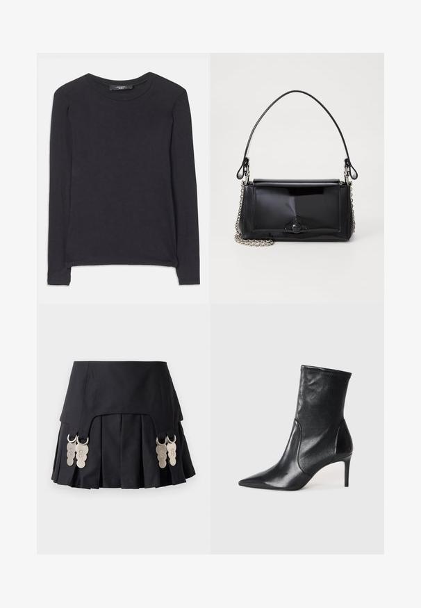 Zwarte langafiem shirt met een ronde halslijn, gemaakt van zachte stof. Heeft een eenvoudig ontwerp en subtiele stikdetails langs de zoom.; Zwarte geplooide rok met metalen hardware accenten aan de zijkanten, gemaakt van een gestructureerde stof met een gladde textuur en een strak ontwerp.; Zwarte enkelboots van soepel leer, met een spitse neus, een aangesloten schacht en een slanke hoge hak. Minimalistisch ontwerp zonder zichtbare hardware.; Zwart gepatineerd leren handtas met een rechthoekige vorm, kettingband en een opvallend hardwareaccent in het midden. Gladde textuur.