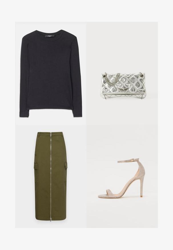 Camisa negra de manga larga con cuello redondo, hecha de tela suave. Presenta un diseño sencillo y detalles de costura sutiles a lo largo del dobladillo.; Falda cargo verde olivo hecha de una mezcla de algodón, con un cierre central de cremallera y dos bolsillos en los lados para mayor utilidad.; Sandalia de tacón alto con tiras en oro rosa metálico, que presenta un upper texturizado, punta abierta y una correa en el tobillo con un detalle de hebilla dorada.; Bolso de mano metálico plateado con asa de cadena, textura acolchada, costura decorativa y cierre de cremallera. Presenta detalles en relieve en la parte frontal.; Vestido de color rojo intenso con cuello de cisne y una textura suave. Presenta un collar de perlas con un acento decorativo de plata en el centro.
