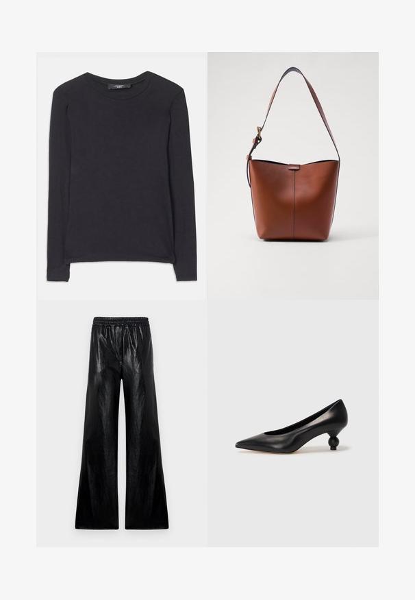 Black long-sleeve shirt with a round neckline, made from soft fabric. Features a simple design and subtle stitching details along the hem.; Wide-leg pants made of glossy black material with an elasticated waistband. The fabric features a smooth texture and slight sheen.; Black leather high heel shoe with a pointed toe and a round, balled heel. Smooth texture with a sleek, minimal design.; Brown leather shoulder bag with a curved shape, smooth texture, and a single thin strap. Features a subtle seam and a small logo detail.