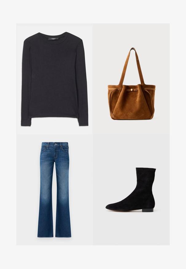 Juodas ilgos rankovės marškinėliai su apvalia iškirpte, pagaminti iš minkštos medžiagos. Turi paprastą dizainą ir subtilius siuvimo akcentus palei apatinį kraštą.; Tamsiai mėlynos džinsinės kelnės su platėjančiomis kojomis, pasižyminčios lygiu paviršiumi, penkių kišenių dizainu, priekinio mygtuko užsegimu ir subtiliu nudilimu netoli apačios.; Juoda zomšo kulkšnė su prigludusia ašimi, smailiu pirštu ir žemu bloku. Lygus paviršius ir minimalistiškas dizainas, tinkantis įvairiems stiliams.; Rudas suedes rankinė su dviem rankenomis, mygtuko uždarymo dirželiu ir atsipalaidavusia, šiek tiek nulinkusia forma.