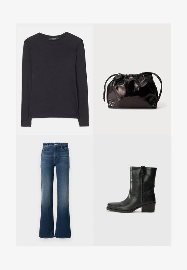 Černá dlouhá košile s kulatým výstřihem, vyrobená z měkké látky. Má jednoduchý design a jemné švy podél lemu.; Mother THE KICK IT - Džíny Straight Fit - dark blue; Černá kožená kotníková bota s kulatou špičkou, blokovým podpatkem, bočním zipem a prošíváním na svršku. Hladký povrch, klasický design.; Malá černá lesklá kožená taštička na šňůrku s krátkými uchy na světle šedém pozadí.