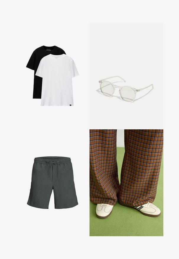 Deux t-shirts à coupe régulière, un noir et un blanc, en coton. Chacun a un col rond et des manches courtes. Design simple, sans motifs.; Shorts côtelés vert foncé avec une taille élastique et un cordon de serrage. Une coupe ample améliore le confort et la mobilité.; Un pantalon large à carreaux marron et bleu associé à des chaussures blanches avec des accents noirs et des semelles texturées, le tout sur fond vert.; Lunettes de soleil rondes avec une monture transparente, des verres vert clair et des branches fines et transparentes. Présente des accents matériels discrets sur la monture.