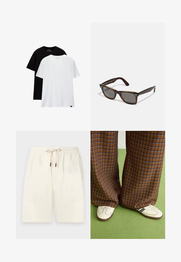 Twee regular fit t-shirts, één zwart en één wit, gemaakt van katoen. Elk heeft een ronde hals en korte mouwen. Simpel ontwerp, zonder patronen.; Crème-kleurige shorts van een gestructureerde stof met een ruitpatroon. Beschikt over een elastische tailleband met een koord en twee zijzakken.; Bruine en blauwe geruite wijde broek, gecombineerd met witte schoenen met zwarte accenten en een gestructureerde zool, gezet tegen een groene achtergrond.; schildpad zonnebril met grijze glazen en een vierkant montuur, met metalen accenten op de tempels en het logo in het ontwerp.