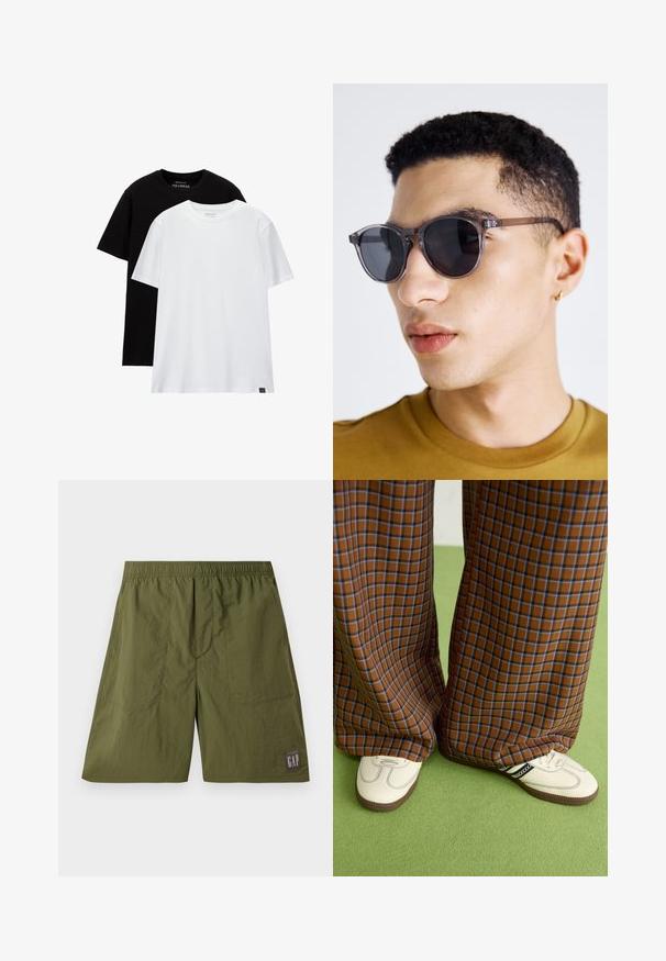 Dwie koszulki o regularnym kroju, jedna czarna, a druga biała, wykonane z bawełny. Obie mają okrągły dekolt i krótkie rękawy. Prosty design, bez wzorów.; Zielone szorty z nylonu z elastycznym paskiem w talii, dwiema kieszeniami bocznymi oraz metką z logo "GAP" w białym kolorze na ciemnoszarym tle.; Brązowo-niebieskie spódnice w kratę o szerokich nogawkach zestawione z białymi butami z czarnymi akcentami i teksturowaną podeszwą, na tle zielonego tła.; Szare okrągłe okulary przeciwsłoneczne z przezroczystą oprawką, z ciemnymi soczewkami i cienkimi, eleganckimi zausznikami. Noszone przez osobę z krótkimi, kręconymi włosami.