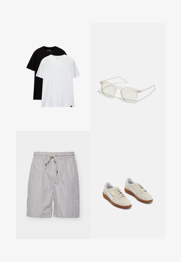 Dve tričká so štandardným strihom, jedno čierne a jedno biele, vyrobené z bavlny. Každé má okrúhly výstrih a krátke rukávy. Jednoduchý dizajn, bez vzorov.; Pruhované plavky z ľahkej látky; majú modré vertikálne pruhy, elastický pás s šnúrkou a bočné vrecká.; Béžové semišové tenisky s bielymi koženými akcentmi a hnedými gumovými podrážkami. Majú zaoblenú špičku, šnúrky a zlaté logo na boku.; Kruhové slnečné okuliare s priehľadným rámom, svetlozelenými sklami a tenkými, priehľadnými stranami. Rám obsahuje jemné kovové akcenty.