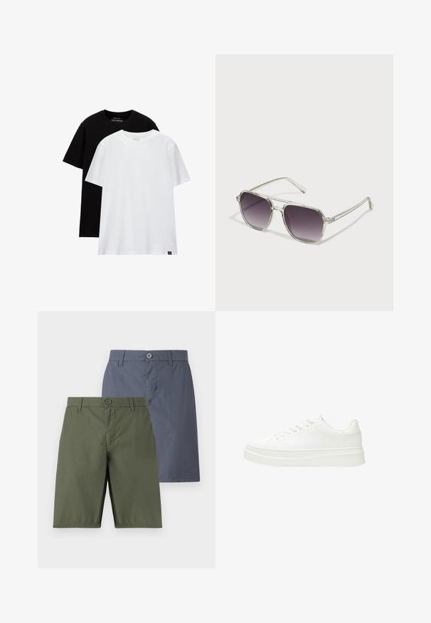 Due magliette a taglio regolare, una nera e una bianca, realizzate in cotone. Ognuna ha un collo tondo e maniche corte. Design semplice, senza motivi.; Due paia di pantaloni corti: uno verde oliva, l'altro blu navy. Entrambi presentano una chiusura con bottone, una linea dritta e un tessuto liscio con una leggera lucentezza.; Sneaker bianco con tomaia in pelle liscia, lacci piatti e suola in gomma spessa. Il design minimalista presenta cuciture sottili e dettagli senza giunture.; Occhiali da sole con montatura trasparente, forma quadrata e lenti grigie sfumate. Sottili dettagli argentati sulle tempie aggiungono un tocco di eleganza.
