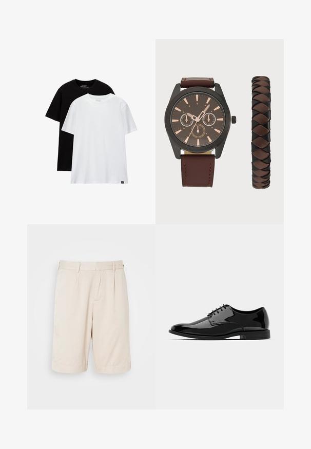 Dve majici navadnega kroja, ena črna in ena bela, iz bombaža. Kratki rokavi in izrez okrog vratu s priponko, vidno v spodnjem kotu.; Bež šortsi z gubami iz gladkega materiala, z bočnimi žepi in ravnim krojem, primerni za vsakdanje nošenje.; Črne lakirane usnjene čevlje z zaobljenim nosom, vezanjem in gladko, sijočo površino. Imajo nizko profilirano gumijasto podplat.; Pier One SET - Ura - black/brown