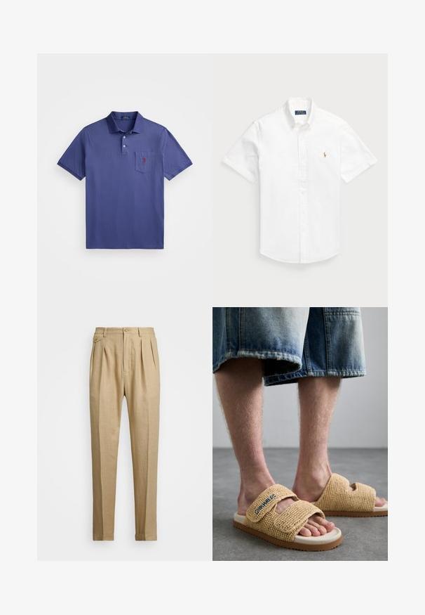 Paarse polo shirt van katoen, met een drie knoopsluiting, korte mouwen en een borstzak met een rode logo-borduur.; Witte kortemouwen overhemd met knopen gemaakt van katoen, met een puntschedel en een klein geborduurd logo op de linkerkant van de borst.; Beige linnen broek met een rechte snit, voorzien van twee voorplooien, een knoopsluiting en zijzakken. Gestructureerde stof met een gladde afwerking.; Beige geweven sandalen hebben twee verstelbare banden, een textuur oppervlak en een lichtgekleurde zool met een bruine accent.