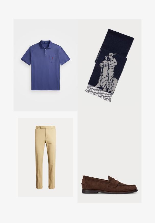 Violeta polo krekls, izgatavots no kokvilnas, ar trīs pogām, īsām piedurknēm un krūšu kabatu ar sarkanu logo izšuvumu.; Khaki chinos, kas izgatavoti no gludas kokvilnas auduma, ar pieguļošu dizainu, priekšējām krokām un elastīgiem galiem pie potītēm, nodrošinot sašaurinātu izskatu.; Brūnas zamšādas loafer kurpes ar gludu faktūru, makošanas stila šuvēm, zemu papēdi un dekoratīvu siksniņu priekšpusē.; Tumši zils šalle ar pelēku grafiku, kurā attēlots polo spēlētājs uz zirga, ar frizētām malām.