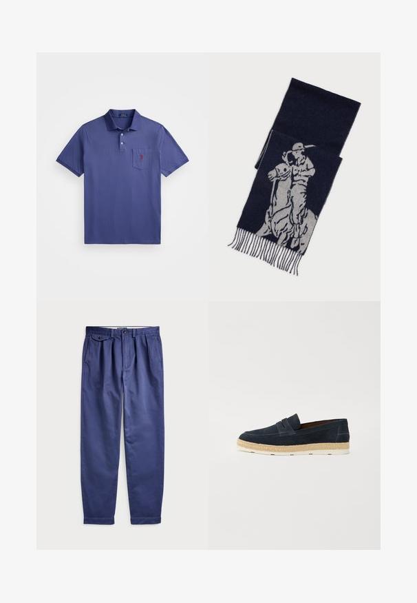 Lilla polo särk, mis on valmistatud puuvillast, kolme nööbiga kaelusega, lühikeste varrukatega ja rinnataskuga, millel on punane logo tikand.; Tumesinised puuvillased püksid, millel on lõdva istuvusega lõige, ees on voldid, külgedel kaks taskut ja vööl nööpide sulgemine.; Tumedast sueded nahast libisevad mokassiinid, millel on kerge valge kummitald ja kootud juutikatted ääres; sile tekstuur ja lihtne disain.; Tumedat sinine sall halli graafikaga polo mängijast hobusega, millel on friteeritud ääred.