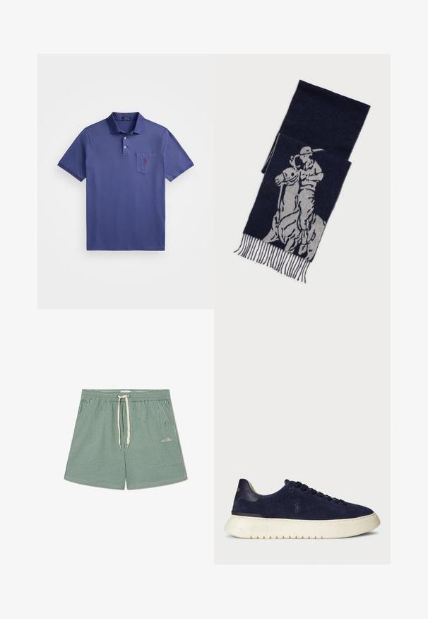 Lilla polo särk, mis on valmistatud puuvillast, kolme nööbiga kaelusega, lühikeste varrukatega ja rinnataskuga, millel on punane logo tikand.; Roheline ja valge triibuline ujumispüksid, elastse vöökoha, reguleeritava nööriga ja väikese logoga alumisel vasakul küljel.; Tumesinine sametist madalate sneakeritega jalats, millel on tekstuuritud pind, kummist tallad ja toonilised nöörid, ning kellel on külje- ja kantavad logosid.; Tumedat sinine sall halli graafikaga polo mängijast hobusega, millel on friteeritud ääred.