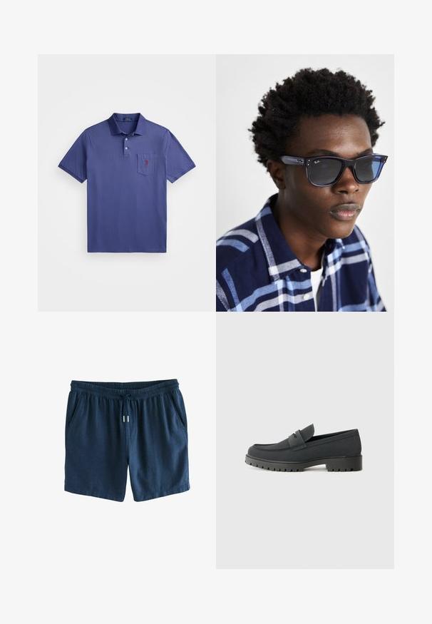 Polo shirt violet en coton, avec une patte de boutonnage à trois boutons, des manches courtes et une poche poitrine avec un logo brodé en rouge.; Shorts bleu marine en tissu léger. Dotés d'une taille élastique avec cordon de serrage et de deux poches latérales. Design simple.; Mocassin noir avec une finition lisse et mate, présentant un bout arrondi et une semelle épaisse et texturée. Agrémenté d'une bride à l'avant.; Lunettes de soleil Ray-Ban bleu avec une finition brillante, de forme carrée et verres foncés ; portées avec une chemise à carreaux bleu marine et bleu clair.