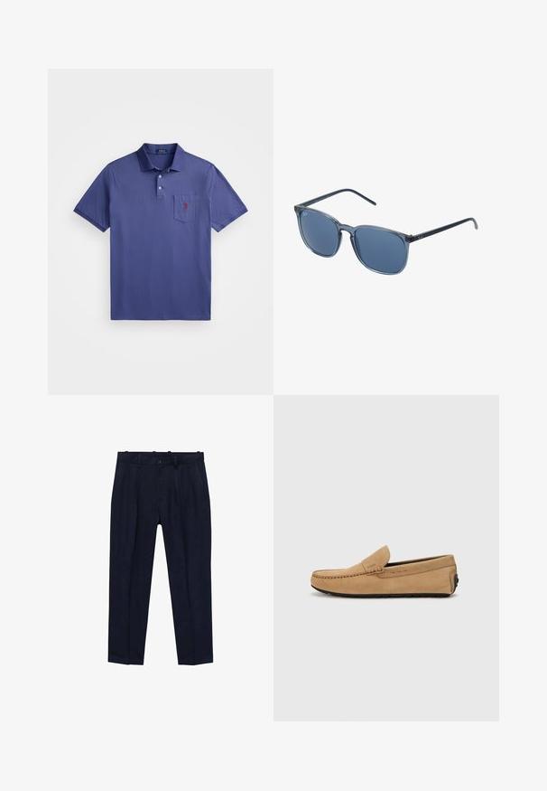 Paarse polo shirt van katoen, met een drie knoopsluiting, korte mouwen en een borstzak met een rode logo-borduur.; Maritieme broek van gladde stof, met een iets getailleerde pasvorm, voorplooien, riemlussen en een enkel knoopsluiting.; Beige suède moccasin met een gestikte neus, instapontwerp en zwarte rubberen zool. Heeft subtiele branding aan de zijkant.; Blauwe rechthoekige zonnebril met grijs getinte lenzen, kunststof montuur, metalen accenten en een matte afwerking op de pootjes.