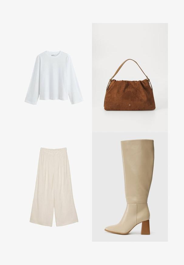 Weißes Langarm-T-Shirt aus weicher Baumwolle, mit rundem Ausschnitt und Raglanärmeln, lockerer Passform und ohne sichtbare Muster.; Leinen-Hose mit weitem Bein in einem hellbeigen Farbton, ausgestattet mit einem plissierten Design und einem elastischen Bund für Komfort und angenehmen Tragekomfort.; Beige Lederstiefel bis zum Knie mit spitzem Zehenbereich, strukturiertem Blockabsatz und glatter Oberfläche. Nahtdetails an Knöchel und oberem Schaft.; Braune Wildlederhandtasche mit einem gerafften Design, ausgestattet mit einem einzelnen hellbraunen Ledertragegurt und einem subtilen goldenen Logo-Detail auf der Vorderseite.; Drei Haarklammern: eine schwarz-weiß marmorierte, zwei schildpattfarbene in Braun- und schwarzem Farbton, alle aus glänzendem Kunststoff mit einer strukturierten Oberfläche.