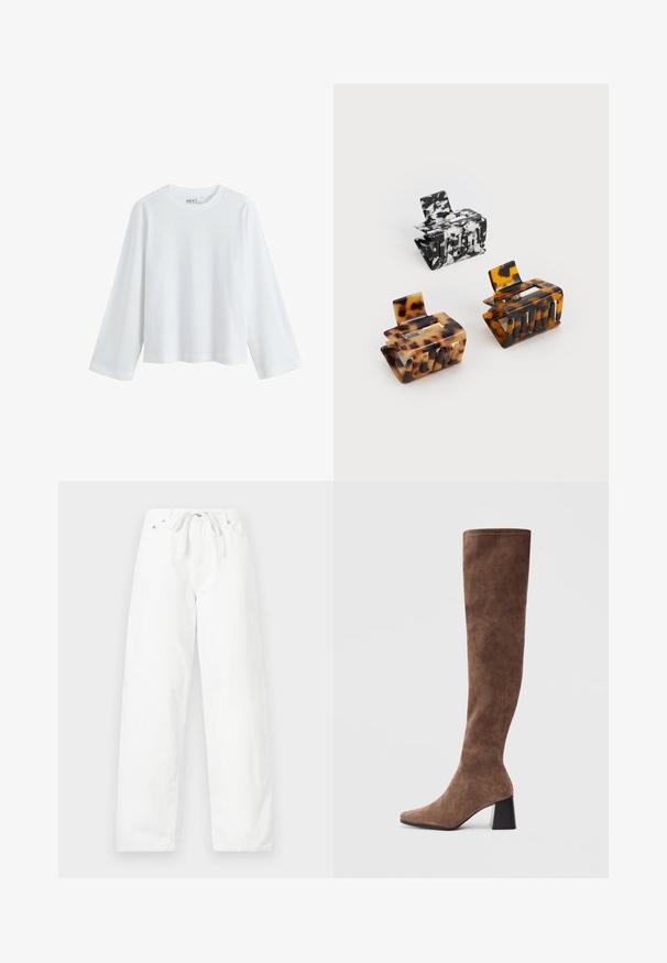 Biela, dlhá rukávová tričko vyrobené z jemnej bavlny, s okrúhlym výstrihom a dizajnom s padnutými ramenami, uvoľneného strihu a bez viditeľných vzorov.; Biele široké nohavice vyrobené z denimu, s nastaviteľným pásom a dvoma prednými vreckami, s hladkou textúrou a čistým dizajnom.; Hnedé nadkolenné bootky vyrobené z mäkkého semišu, s špicatou špičkou a masívnym čiernym podpätkom. Dizajn obsahuje bezšvové šitie pre elegantný vzhľad.; Tričko na vlasy: jedno čierno-biele mramorované, dve korytnačie v hnedej a čiernej farbe, všetky vyrobené z lesklého plastu s textúrovaným povrchom.