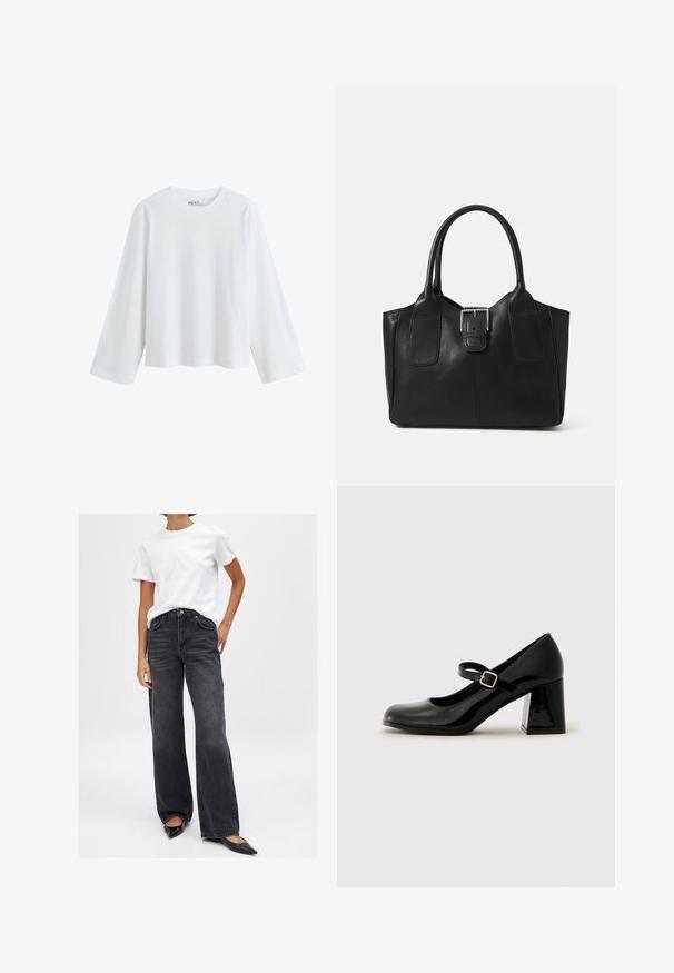 Bela majica s dolgimi rokavi, izdelana iz mehke bombažne tkanine, z okroglim izrezom in obliko z spušenimi rameni, sproščenega kroja in brez vidnih vzorcev.; Črne široke hlače z visoko pasom, petimi žepi in diskretnim pomikom. Ujemajo se z navadno belo majico in črnimi pointed balerinkami.; Črne lakaste Mary Jane čevlje z zaobljenim nosom, nastavljivim trakom in debelim pravokotnim peto. Gladka tekstura z sijočo površino.; Črna usnjena torba s gladko teksturo, strukturirano obliko, dvema ročkama in izrazitim srebrnim sponko na sprednji strani.