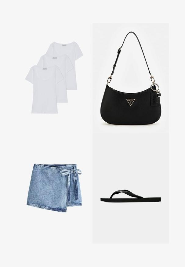 Kolm valget puuvillast T-särki lühikeste varrukatega ja ümar kaelus, millel on sile tekstuur ja ühtlane disain.; Heledsinine denimist mähisseelik, millel on sidumisviis. Kangas on tekstuurse viimistlusega ja toore servaga, millel on kontrasteerivad õmbluse detailid.; Musta kummist suss, millel on tekstuuriga eraldi sõrmeosa ja lihtne lame tald, kuva külgvaates üheltoonilise heleda tausta ees.; Must zwart sünteetilisest materjalist õlakotil on kaarjas siluett, struktureeritud viimistlus, kultne kolmnurga logo ja eemaldatavad metallaktsendid.