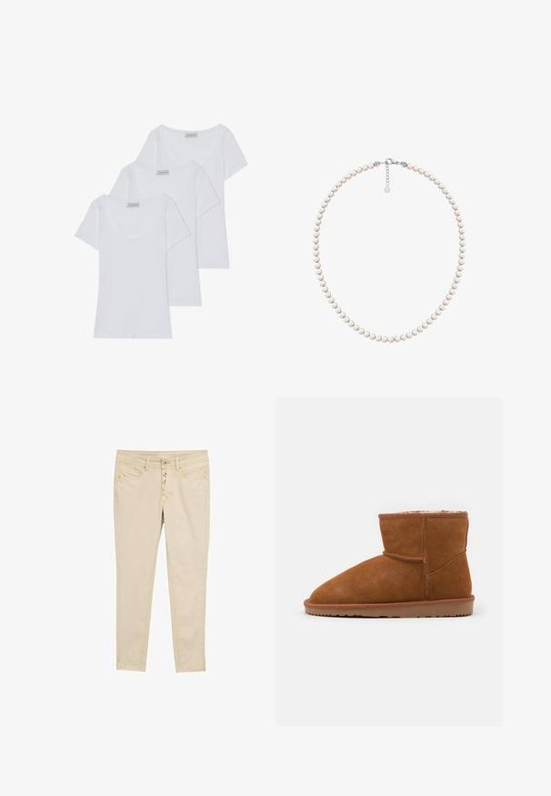 Trīs baltas kokvilnas t-krekli ar īsām piedurknēm un apaļu kakla izgriezumu, ar gludu faktūru un vienotu dizainu.; Bēša kokvilnas šaurie džinsi ar piecu pogu aizdari, priekšējām kabatām un smalkiem izšuvuma akcentiem. Gluda tekstūra un pieguļoša forma.; Brūni zamšāda potīšu zābaki ar noapaļotu purngalu un mīkstu oderi, ar platu gumijas zoli un minimālām vīlēm.; Saldūdens pērļu kaklarota ar vienveidīgām apaļām baltām pērlem, pabeigta ar sudraba sprādzi un pagarinātāju, lai nodrošinātu regulējamu garumu.