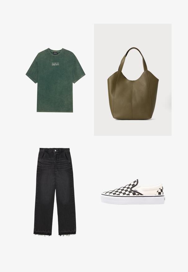 Grønn bomull t-skjorte med rund hals og korte ermer. Har bleket trykt tekst "DIVE DEEP INTO SERENITY" i hvitt. Myk tekstur.; Svart denimbukser med rett ben-design. Har høy midje, frynset kant og subtil falmet tekstur over hele produktet. Inkluderer frontlommer.; Svart og hvit rutete slip-on Vans-sko med canvas overdel, gummisåle og polstret krage. Flat, rund tå med hvite såle detaljer.; Olivengrønn skinn totebag med doble stropper, glatt tekstur og firpaneldesign. Forsterket søm langs sømmene for holdbarhet.
