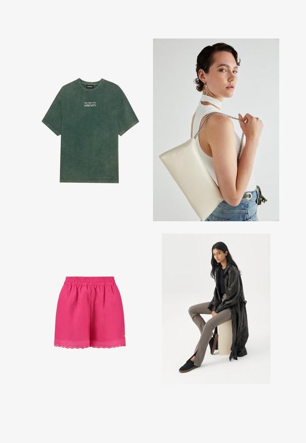 Žalias medvilninis marškinėliai su apvalia iškirpte ir trumpomis rankovėmis. Su išblukusia balta spauda "ĮKELK DEEP Į RAMYBĘ". Minkšta tekstūra.; Rožinės lino šortai su elastinga liemens juosta, iškirptais kraštais ir mažais auksiniais akcentais šone.; Juodas odinis paltas, priderinta juoda palaidinė, rudos sukirpimo kelnės ir juodi sportiniai bateliai. Modelis sėdi ant kubo su ilgomis tiesiomis plaukais.; Balta, stačiakampio formos rankinė pagaminta iš blizgaus medžiagos, su sidabriniu virvute. Modelis pozavo, demonstruodamas rankinę prieš paprastą foną.