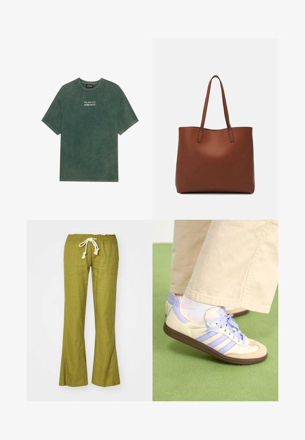 Zöld pamut póló kerek nyakkal és rövid ujjakkal. A fehér színű, elhalványult nyomtatott szöveg olvasható: "MERÜLJ EL A BÉKÉBEN". Puha tapintású.; Zöld lenvászon bő szárú nadrág, rugalmas derékrésszel és állítható zsinórral. Két oldalsó zsebe van, és sima tapintású.; Krém és levendula színű sportcipők három csíkkal és texturált barna talppal, fűzőkkel és párnázott sarokkal. Puha anyagú felsőrész.; Barna bőr vászontáska sima textúrával, nyitott tetejű dizájnnal és két vállpánttal. Minimális varrással és látható hardver nélkül készült.