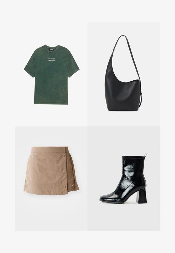 Zaļš kokvilnas T-krekls ar apaļu kakla izgriezumu un īsām piedurknēm. Ar baltu izbalējušu uzdrukātu tekstu "DIVE DEEP INTO SERENITY". Mīksta tekstūra.; Gaiši brūna svārku ar gludu tekstūru, ar iepakojuma dizainu, pogu akcentiem sānos un mazu logotipu tuvu apakšmalai.; Melna lakota potīte līdz potītei ar kvadrātu purngalu un masīvu ģeometrisku papēdi. Tam ir gluda, spīdīga tekstūra un aizmugurējais cilpiņu elements, kas nodrošina ērtu uzvilkšanu.; Melnas ādas hobo soma ar gludu tekstūru, izliekta forma un vienu regulējamu jostu; augšā ir plaša atvere.